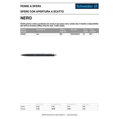 Penna a sfera a scatto Schneider K 15 ricaricabile tratto M nero Conf. 50 pezzi - P003081